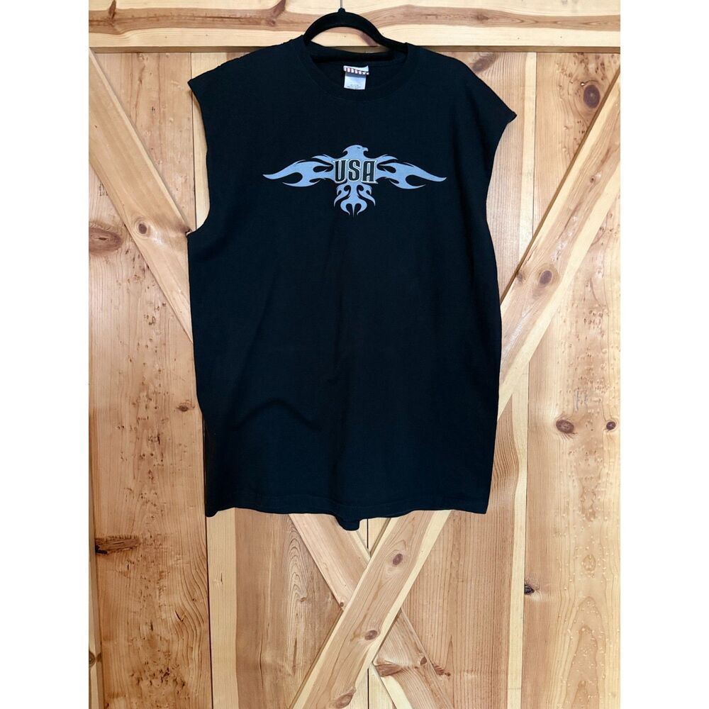 Vintage Y2K USA Eagle Tribal Flames Muscle Tee Shirt Mens XL Black Cut Off Retro